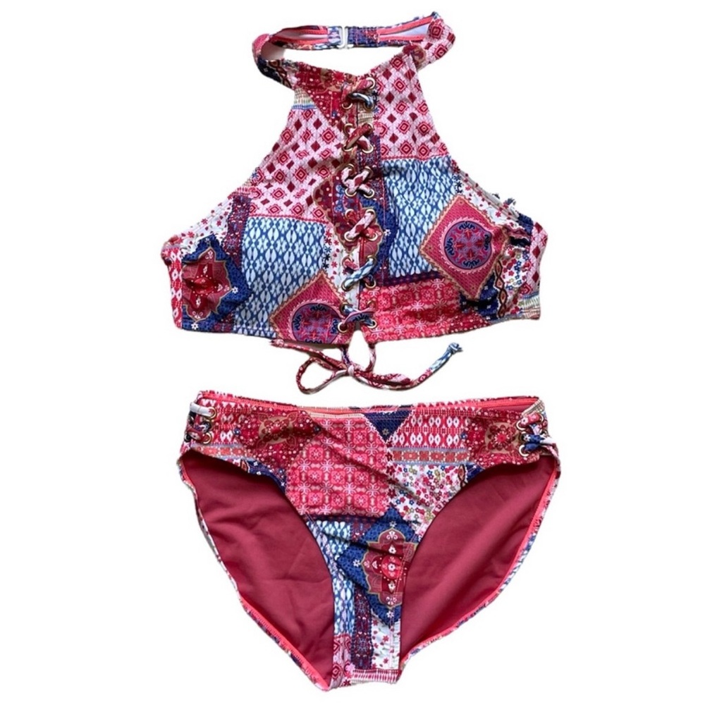 NWT YMI Halter Bikini Swimsuit Patchwork 2 Piece Red White Blue M